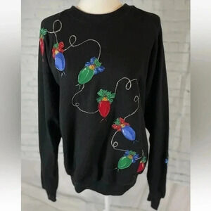 Vintage 90s Christmas Lights Black Holiday crew Sweatshirt JERZEES Adult Size XL